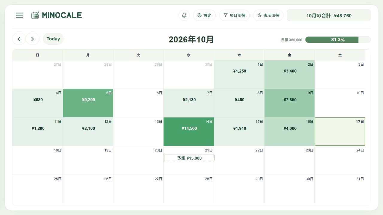 ポイ活や副業の収益を日付ごとに記録したカレンダー